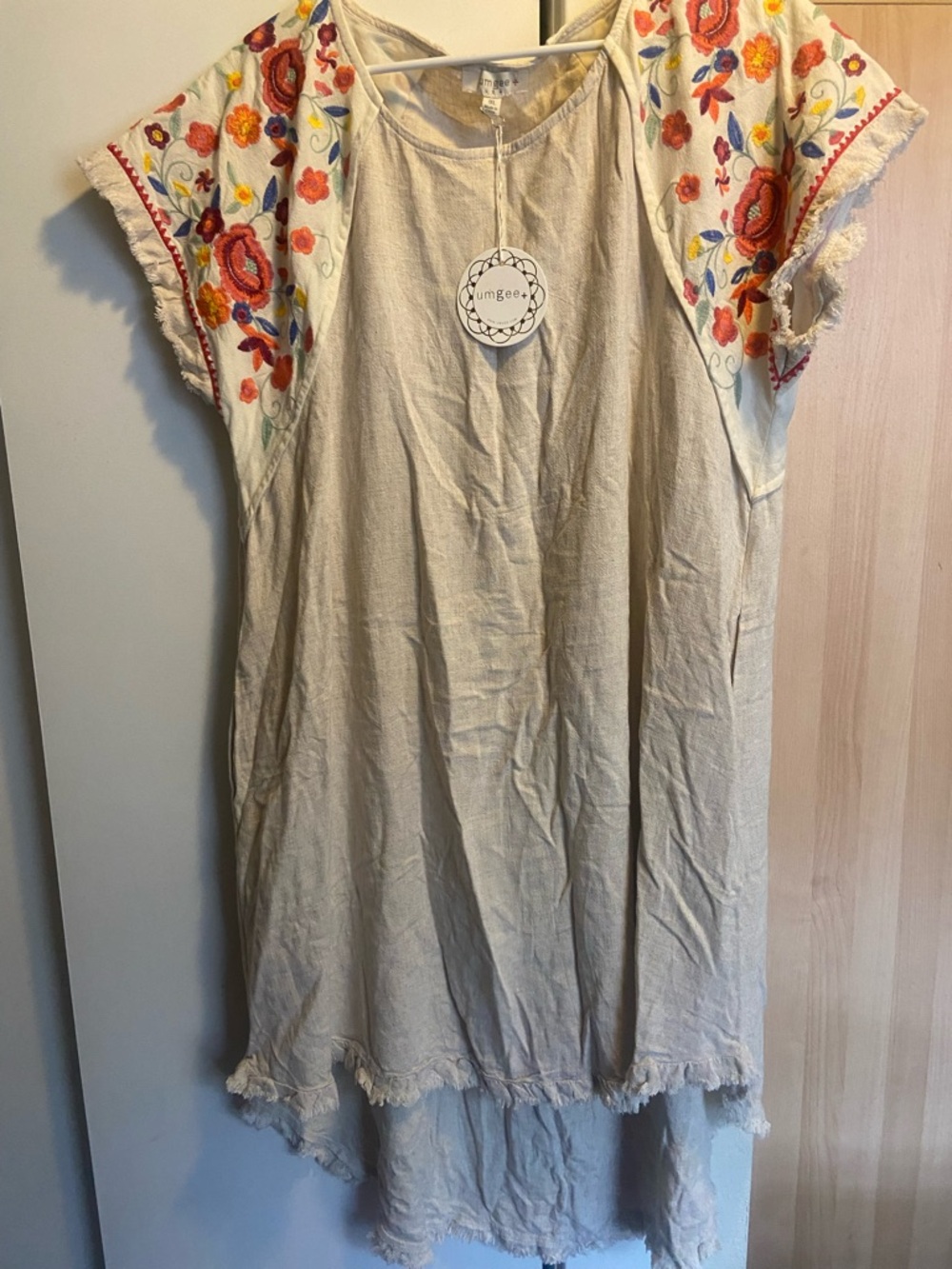Umgee Cream Casual Shift Dress with Red & Orange Floral Embroidery